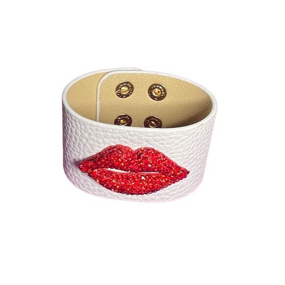 Rhinestone Kiss Red Lip White Cuff Bracelet Adjustable Snap - Picture 8 of 14